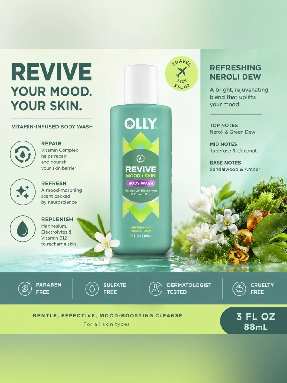 OLLY Revive Mood Skin Body Wash Travel Size 3oz Neroli Dew Magnesium B12 Sealed